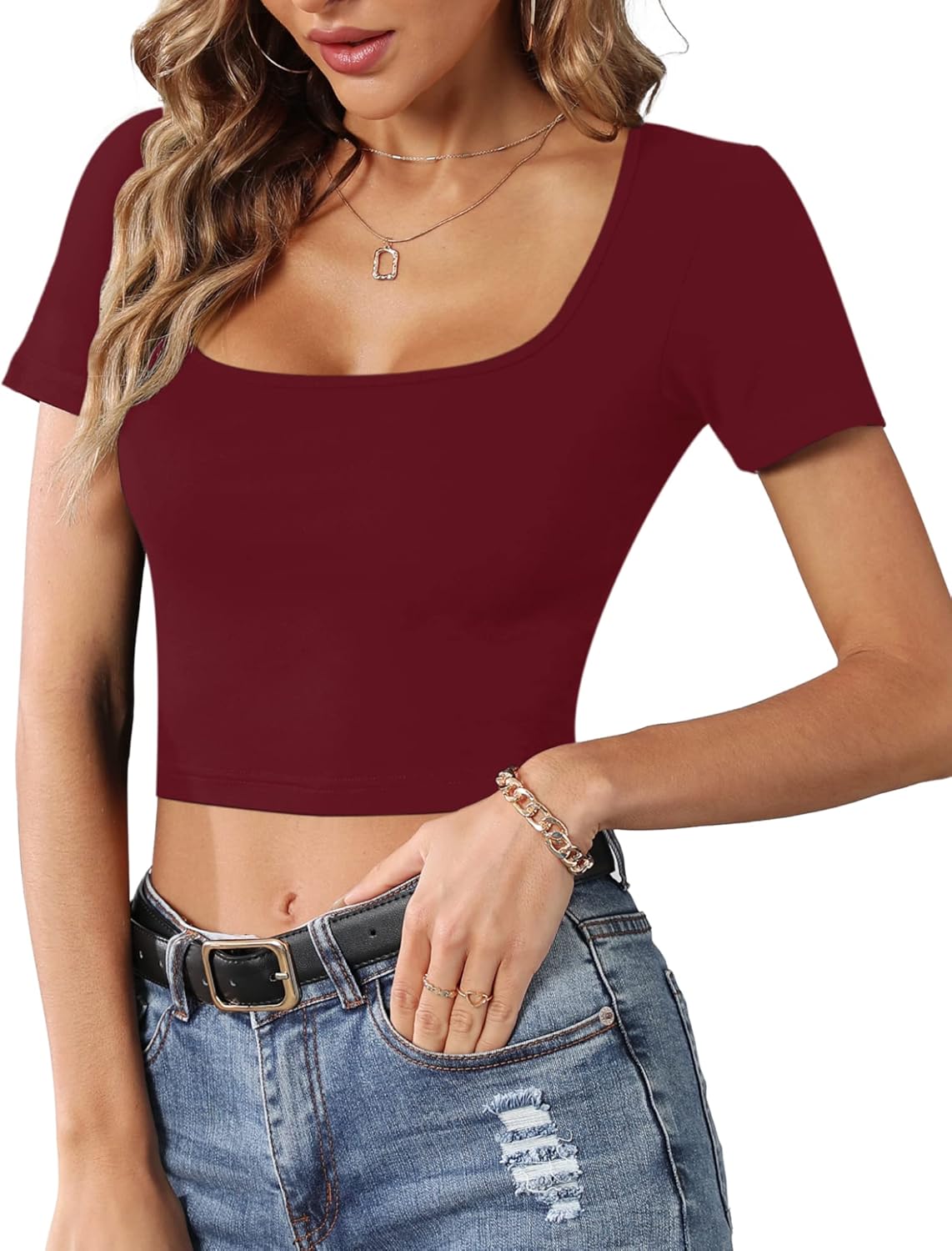 Women’s Short Sleeve Square Neck Crop Tops Basic Slim Fit Cropped T-Shirt