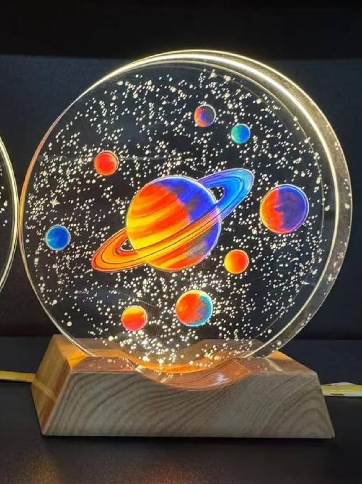 MTech 3D Acrylic Planets Crystal Ball Night Lamp With Wooden Base – USB LED Table Light