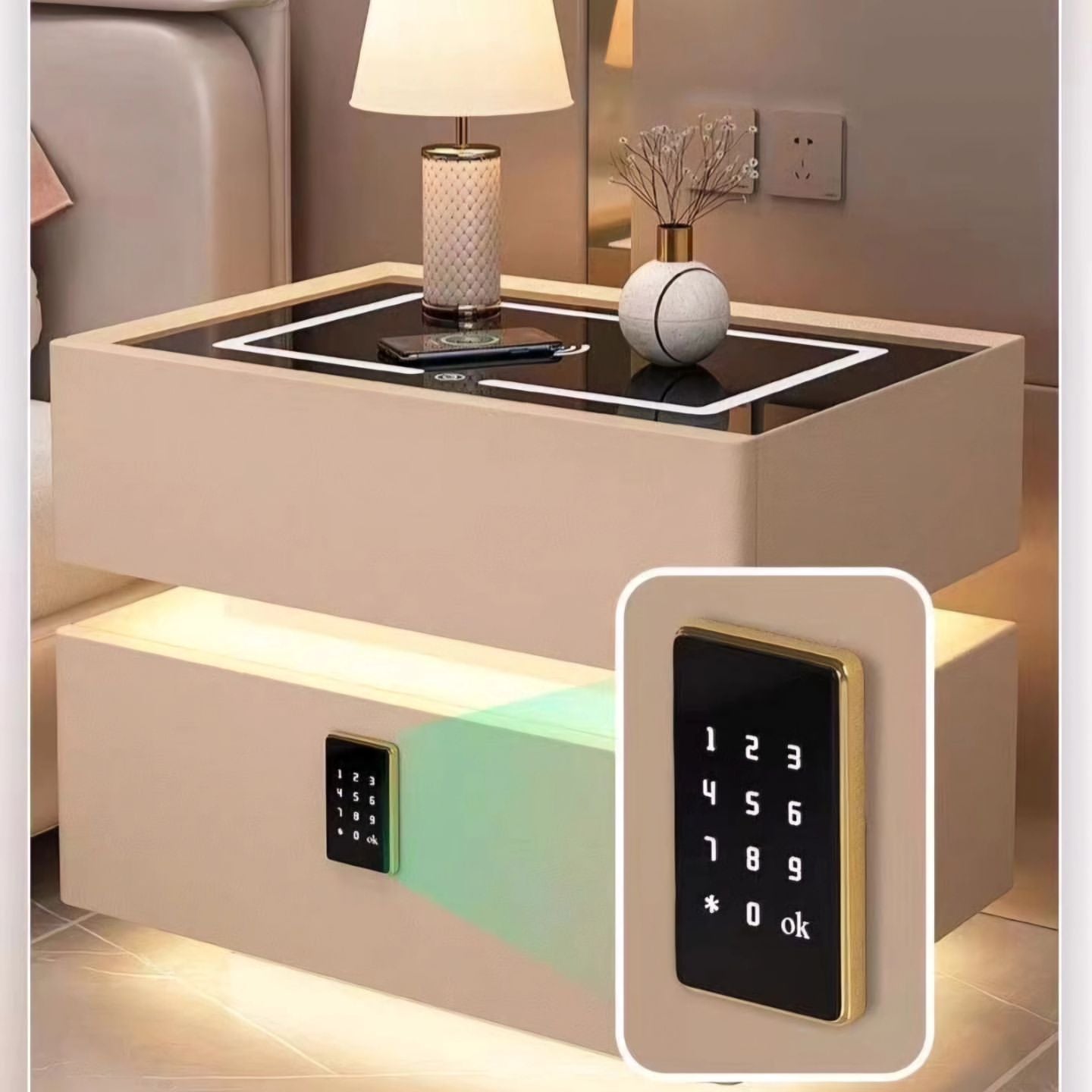 Nordic style smart bedside cabinets with wireless charging, Bluetooth speaker, LED strip, and secure password lock drawer-Available In Various Colours PreOrder Sales Now Available!