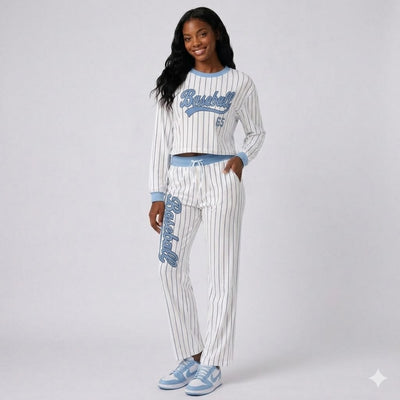 Women's Pinstripe Baseball Crop Top & Lounge Pants Set