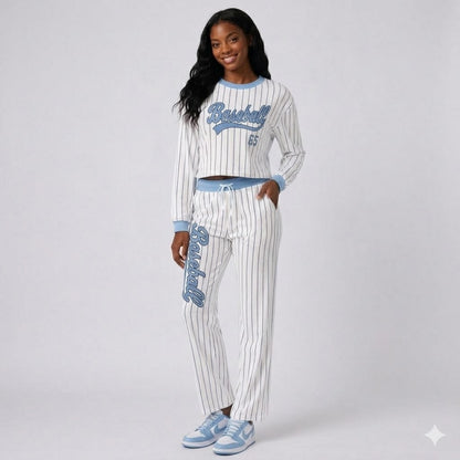 Women's Pinstripe Baseball Crop Top & Lounge Pants Set