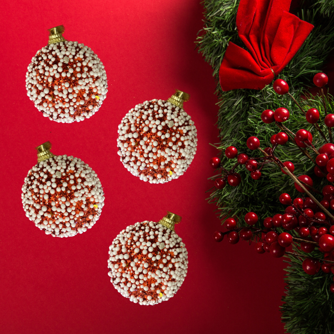 MHome 16-Piece Glitter Red Christmas Tree Ornaments – White Snow Dot Design