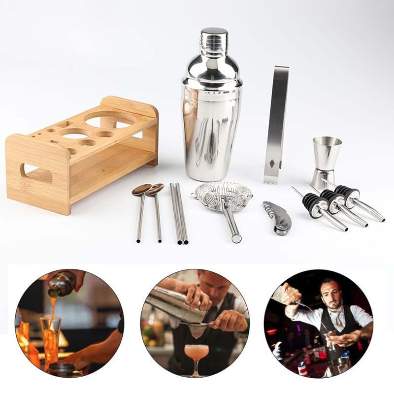 Cocktail Shaker with Wooden Stand Set 750ml - 12pc