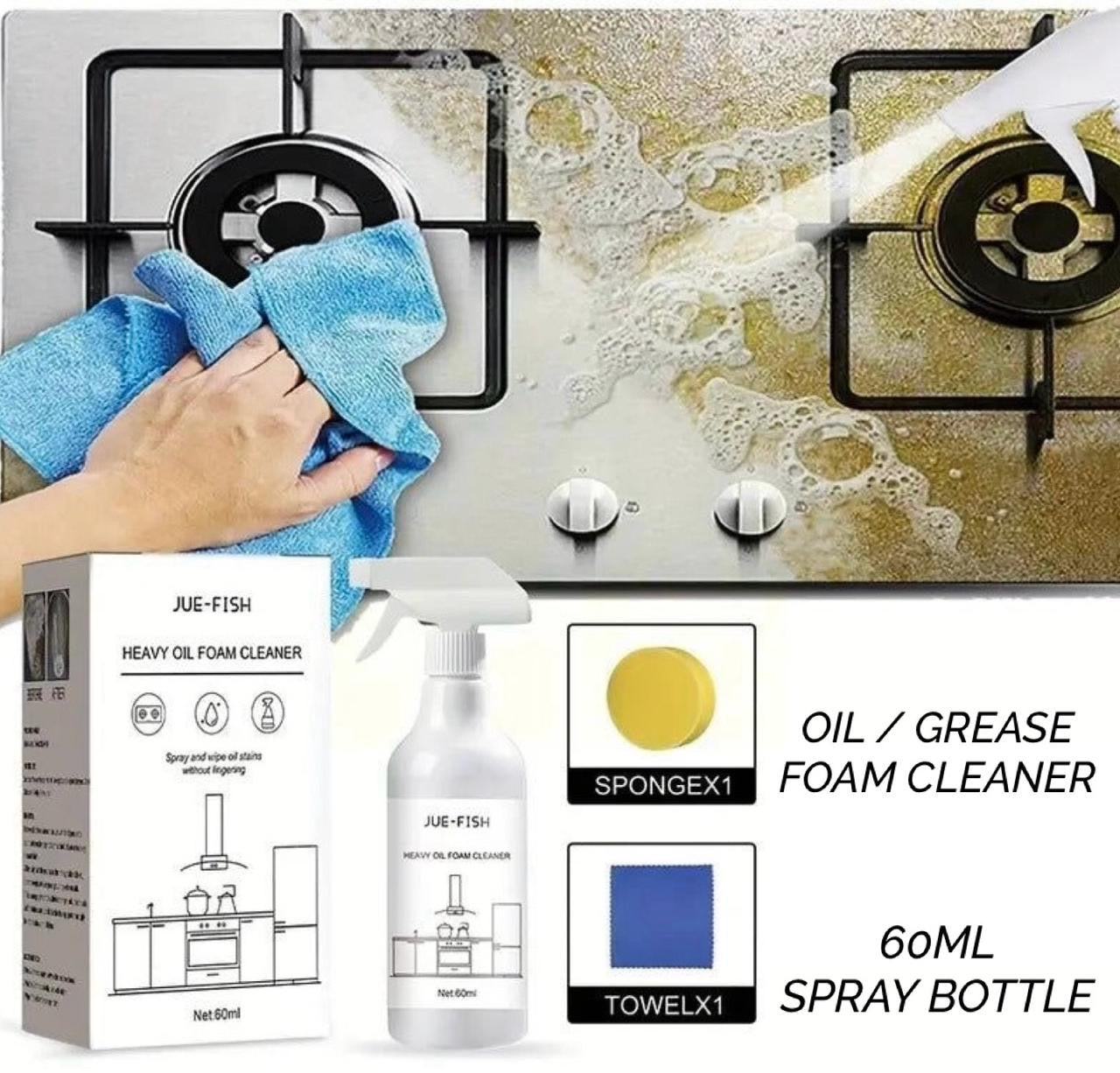 60ml Splash Foam Spray Heavy Oil Stain Remover, Grease & Dirt Foam Cleaner for Kitchen, Tub, Shower – Includes Sponge & Cloth