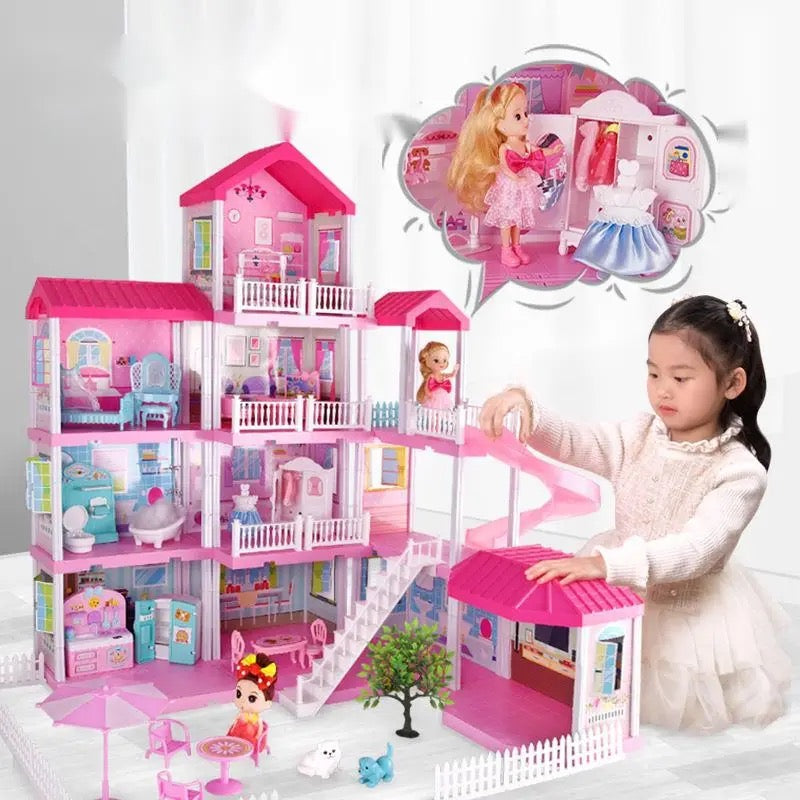 Princess Villa DIY Dollhouses Pink Castle Play With Slide Yard Kit Assembled Doll House Toy Birthday New Year Gift