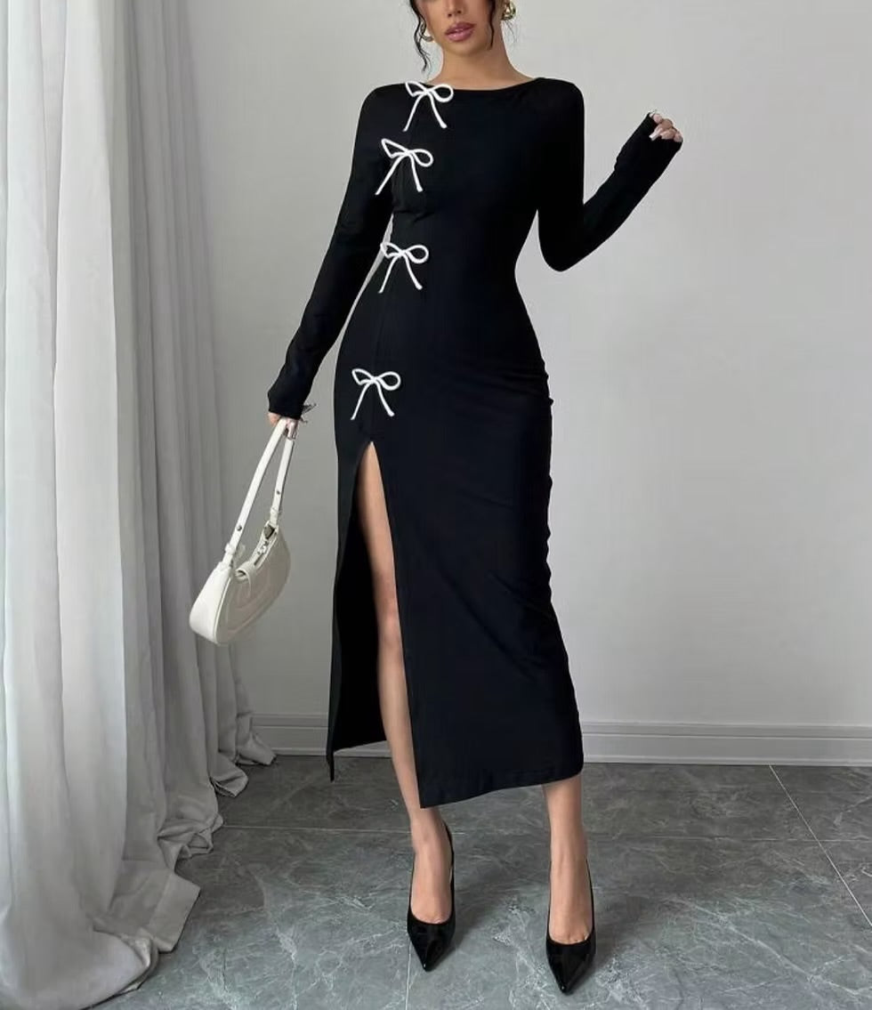 Women's Elegant Bow Decor High Slit Waist Clinching Dress,  Maxi Women Outfit-Various Options