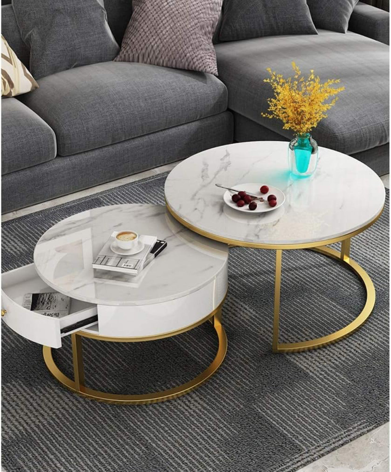 MFurn Living Room End Tables, Firm Durable Sofa Tables Office Living Room Decoration Nesting Tables White Marble/Wrought Iron Frame