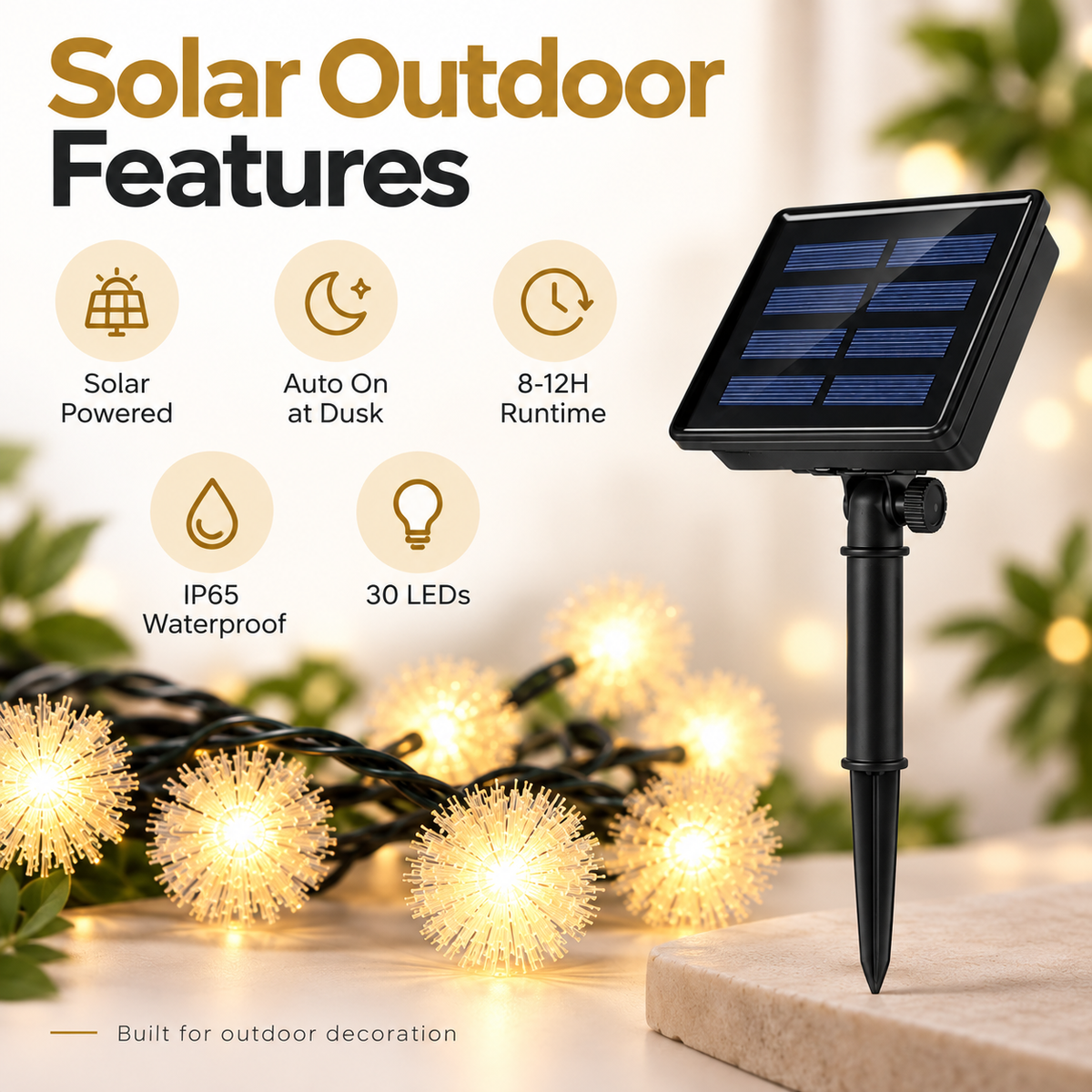 Solar Fur Pom-Pom String Lights, 5m with 20 LEDs, Multicolour Outdoor Decoration