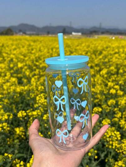 MHome Unbreakable Plastic Tumbler 450ml with Lid and Straw – Bow Print Sipper Glass for Cold Coffee, Juice and Water