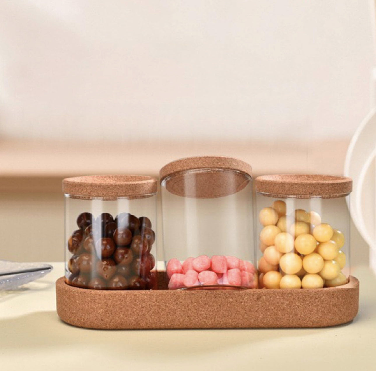 MHome 4-Pack Glass Jars with Cork Lids & Base – Multipurpose Organizer & Storage Canister Set