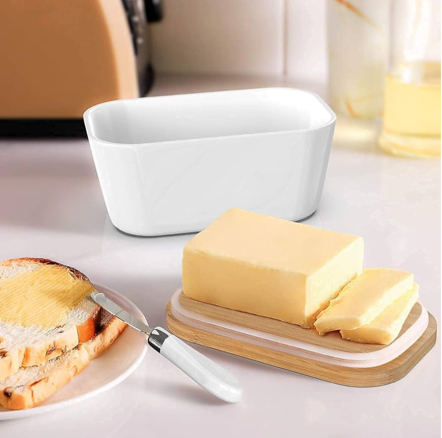 MHome Ceramic Butter Dish With Bamboo Wooden Lid & Butter Knife-Various Colours