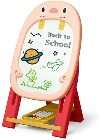 Kids Adjustable Easel Vertical Double-Sided Kids Magnetic Drawing Board With Shelf – 46-Piece Art Set