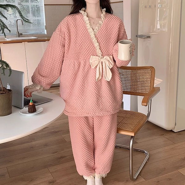 Ladies Coral Fleece Pyjamas  Autumn/Winter Thick Padded Warm Sweet Lace Suit Winter-Various Colours