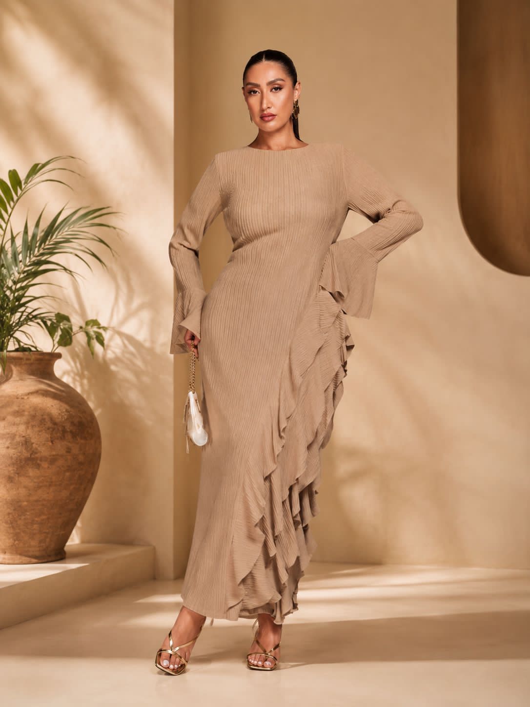 Ladies Elegant Long-Sleeved Ribbed Maxi Dress-Various Colours