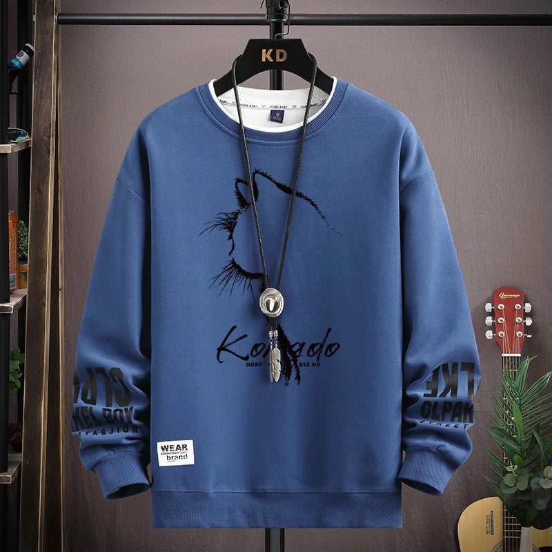 Autumn Men's Sweatshirt Sketch Cat Print Long Sleeve T-shirt Fashion Men's Clothing