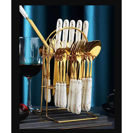 Classic 24 Piece Gold With Marble Handle Dinner Cutlery Set - Various Colour Options