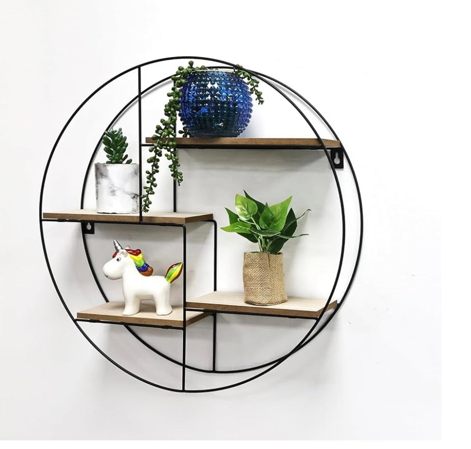 MHome Industrial Style Round Floating Shelf | 4 Shelves Wall Mounted Storage Shelf for Living Room Bedroom Office Decoration | MDF Shelving unit | Display Rack