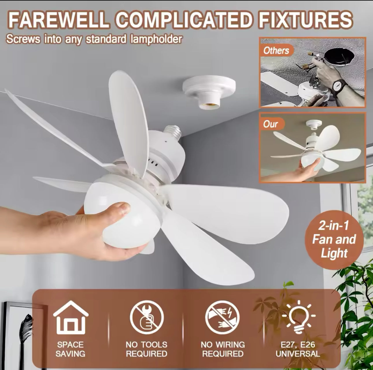 Ceiling Fans With Remote Control and Light LED Lamp Fan E27 Converter Base Smart Silent Ceiling Fan