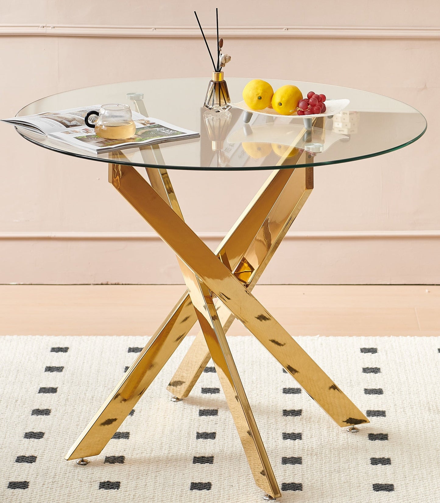 MFURN 130cm Round Glass Dining Table with Chrome Cross Metal Legs