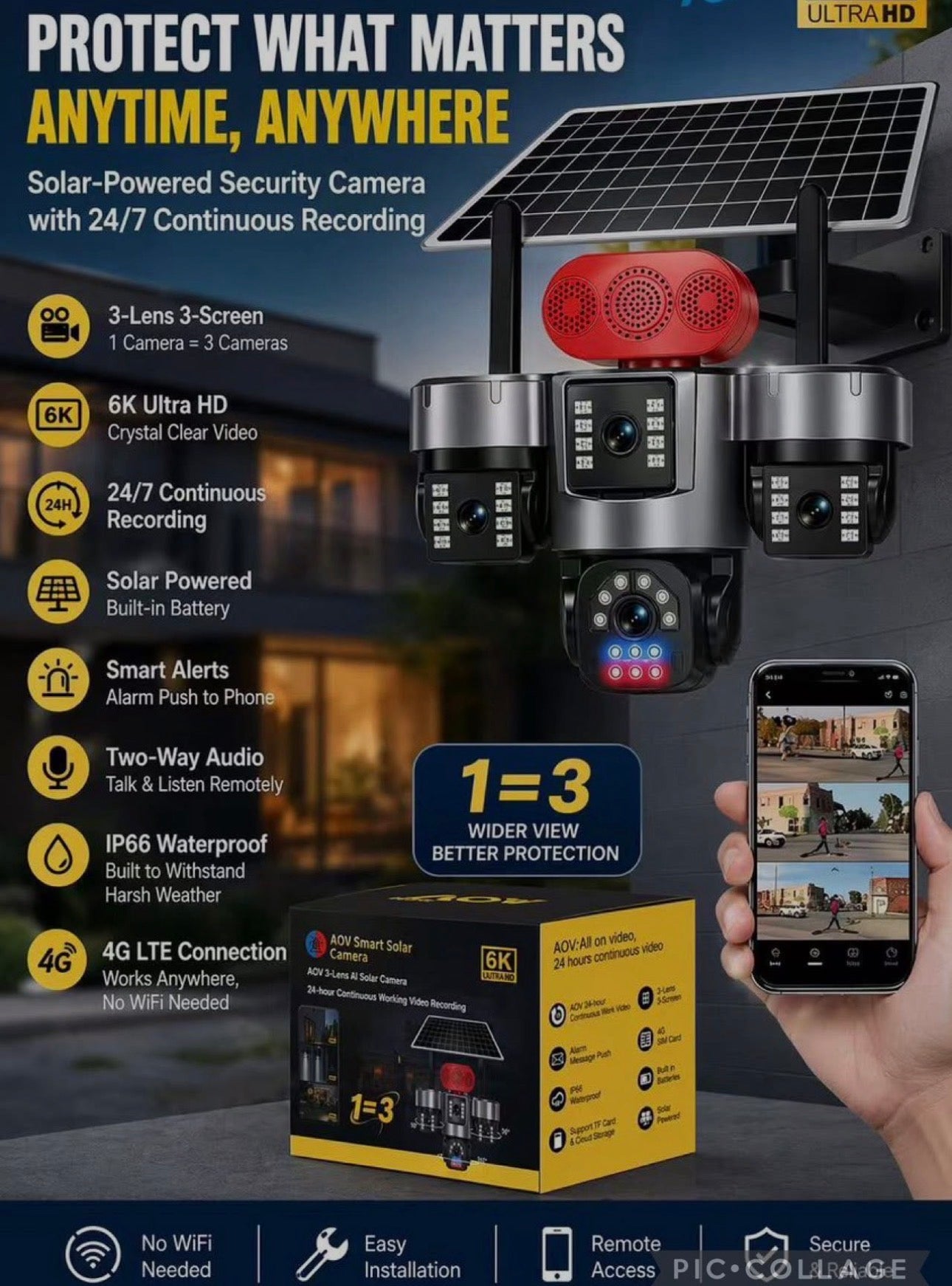 MHome Smart Solar Security Camera 3 Lens 6K