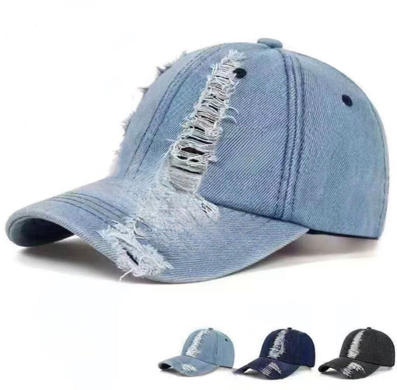 Unisex Ripped Distressed Denim Baseball Cap Trucker Hat Adjustable, Blue or Black Colours