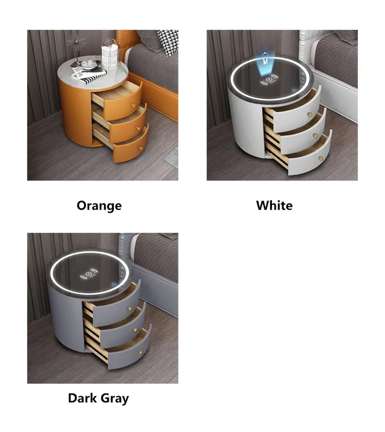 Round Bedside Table Smart Intelligent Audio Password Fingerprint Lock Wireless Charging Leather Wood Cabinet Nightstands - Various Colours