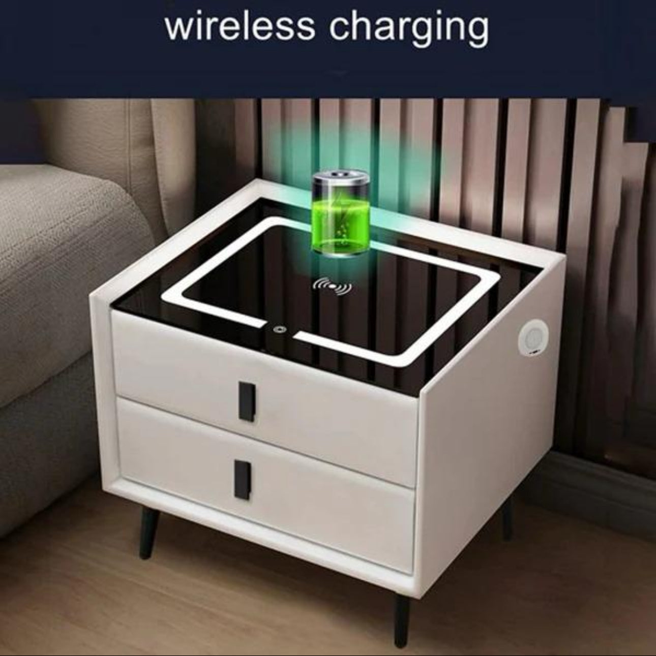 MFurn Smart Bedside Table with Speaker & Wireless Charging – Modern LED Nightstand