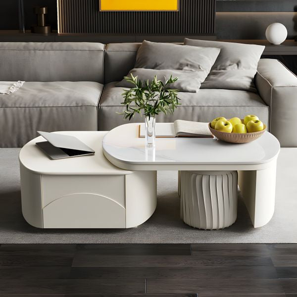 MFurn 
Extendable Coffee Table for Living Room,with 2 Storage Stools and 2 Drawers, White.