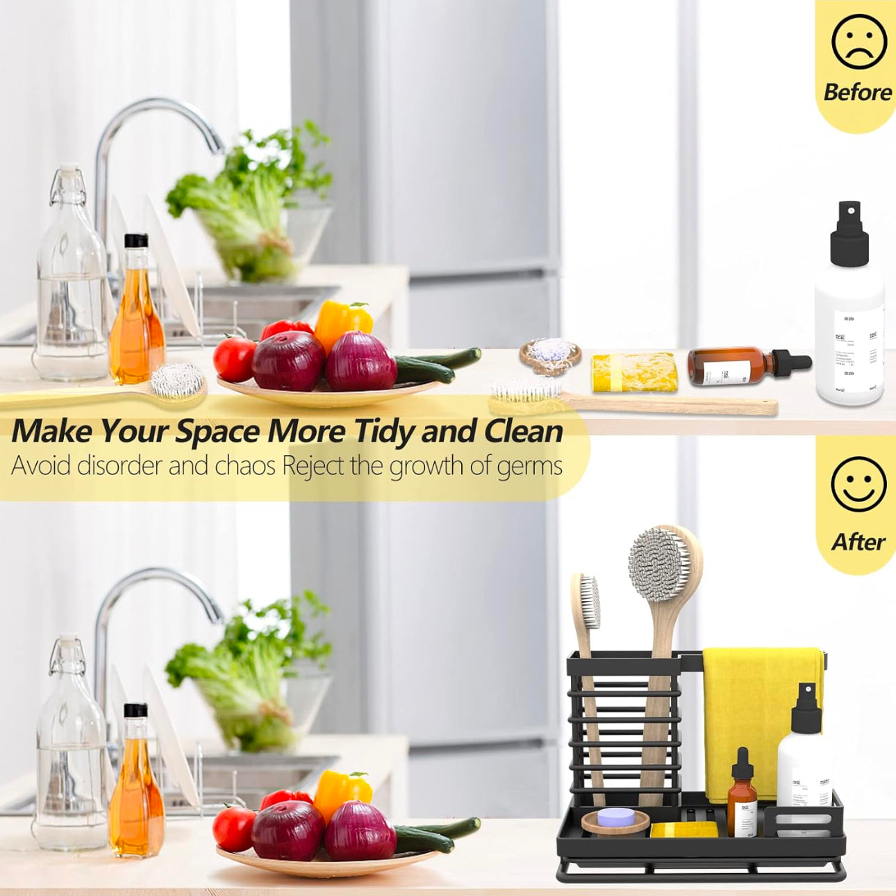 Sink Caddy Organiser,Kitchen Cloth Holder, Stainless Steel Utensils Basket with Drain Pan for Kitchen and Bathroom (Black)