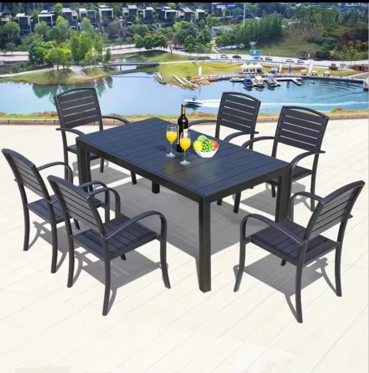 MFurn Outdoor Dining Rectangular Plastic Wood Table With 6 Chairs 7pc Set