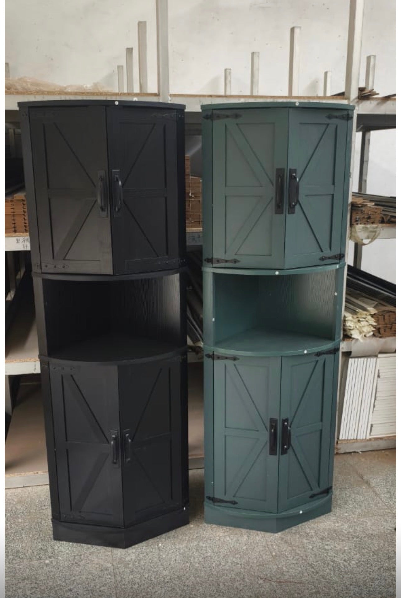MFurn Farmhouse Storage Corner Cabinet with 4 Barn Style Doors and 5 Storage Shelves, Corner Storage Cabinet for Kitchen, Living Room-Various Colours-Pre-Order Now Available