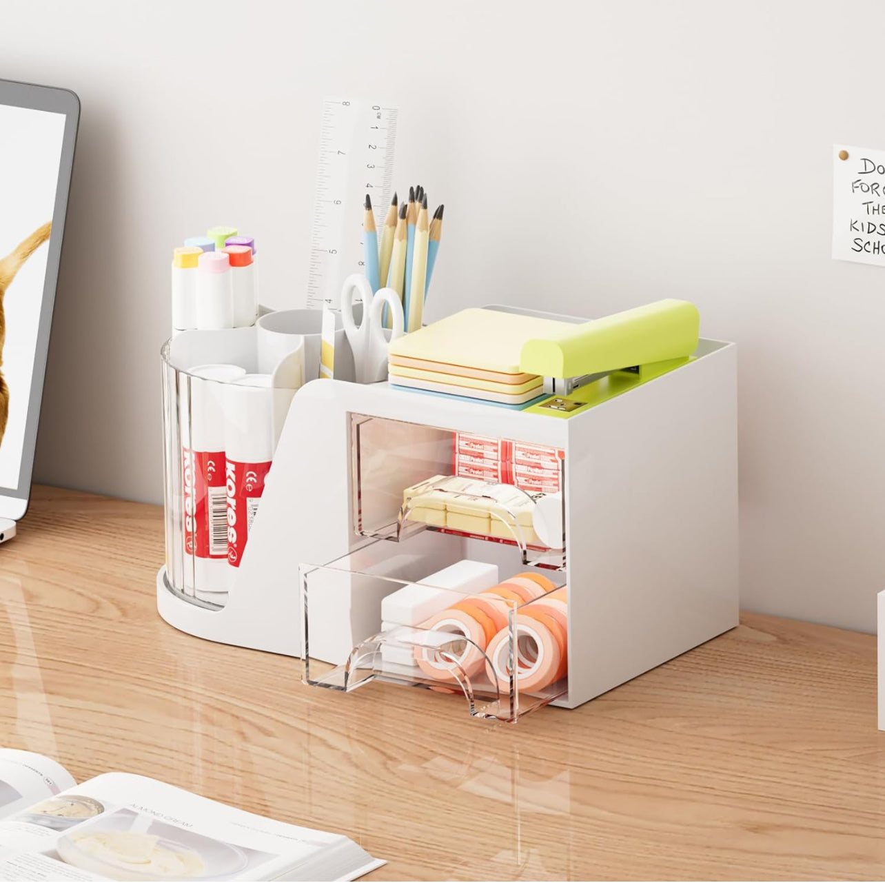 Desk Organizer with 2 Drawer, 360°Rotating Pen Holder for Desk,  with 6 Slots Pencil Organizer + 2 Drawer