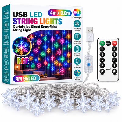 RGB USB LED Snowflake Curtain String Lights with Remote, 4m x 0.6m