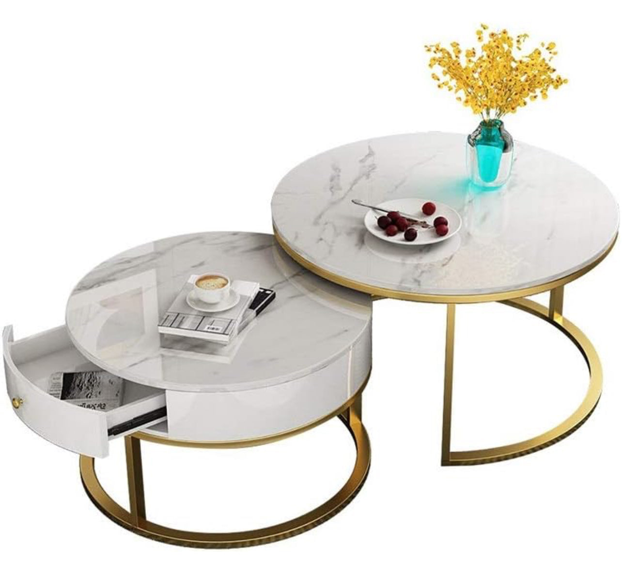MFurn Living Room End Tables, Firm Durable Sofa Tables Office Living Room Decoration Nesting Tables White Marble/Wrought Iron Frame