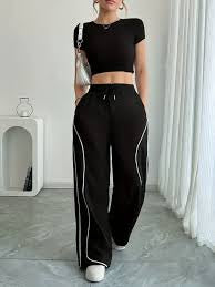 Women's Casual Streetwear T-Shirt And Wide Leg Pants 2pc Set- Various Colours