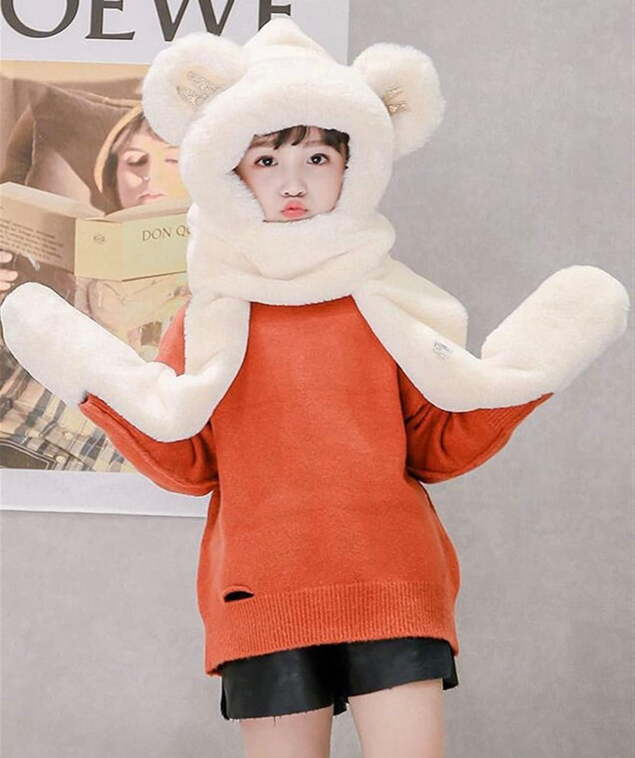 Ladies Plush Hat, Autumn And Winter Scarf, Hat And Gloves All-in-one Adult Ladies Style