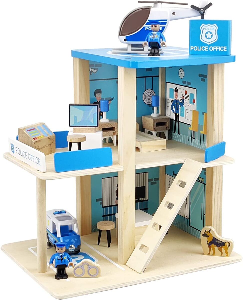 Kids Wooden Police Station Playset, RolePlay Dollhouse, 3-Level with Figures