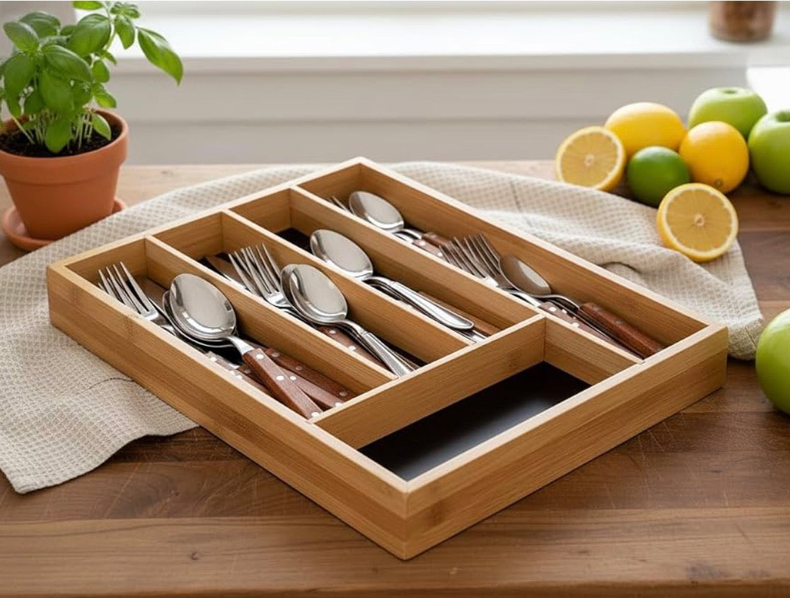 MHome Bamboo Cutlery-Multipurpose Tray - Kitchen Drawer Organiser with 5 Compartments - Durable, Durable, Eco-Friendly