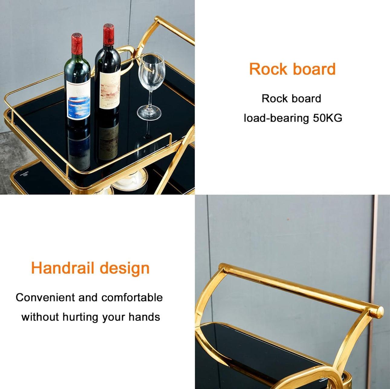 MFurn Gold Bar Carts with 3-Tier Storage Shelves, Home Bar Serving Carts.