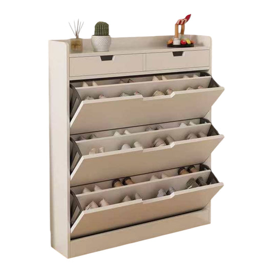 MFurn Wood Shoe Cabinet with 3 Flaps, 2 Drawers, Narrow Shoe Chest of Drawers with 3 Deep Compartments