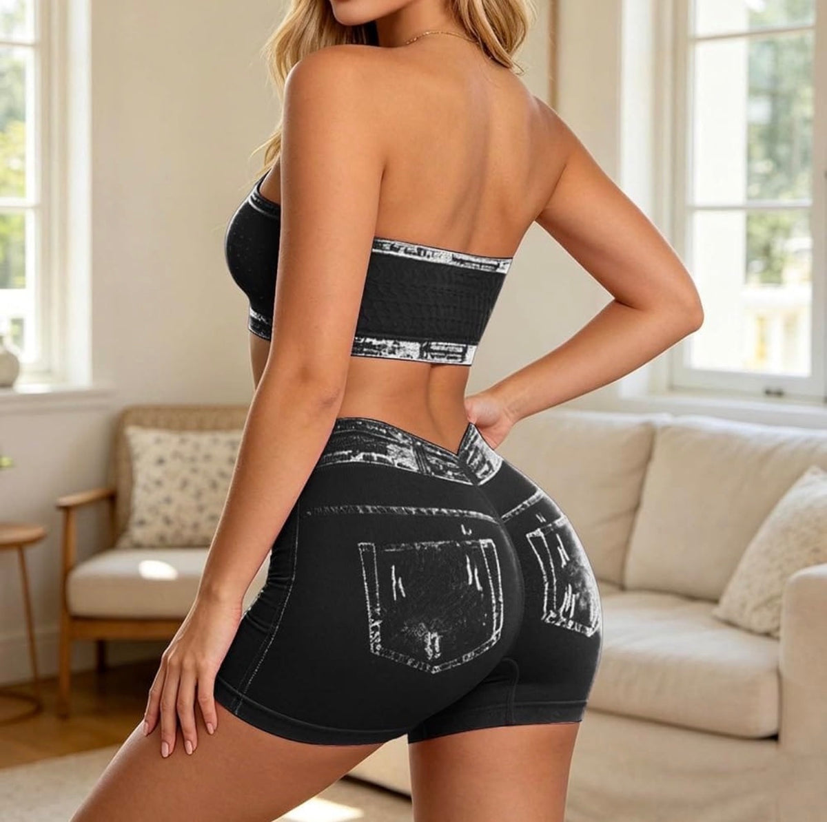 Ladies Two Piece Sets Denim Print Strapless Tops High Waist Tummy Control Biker Shorts Trendy Bodycon Matching Outfits-Various Options