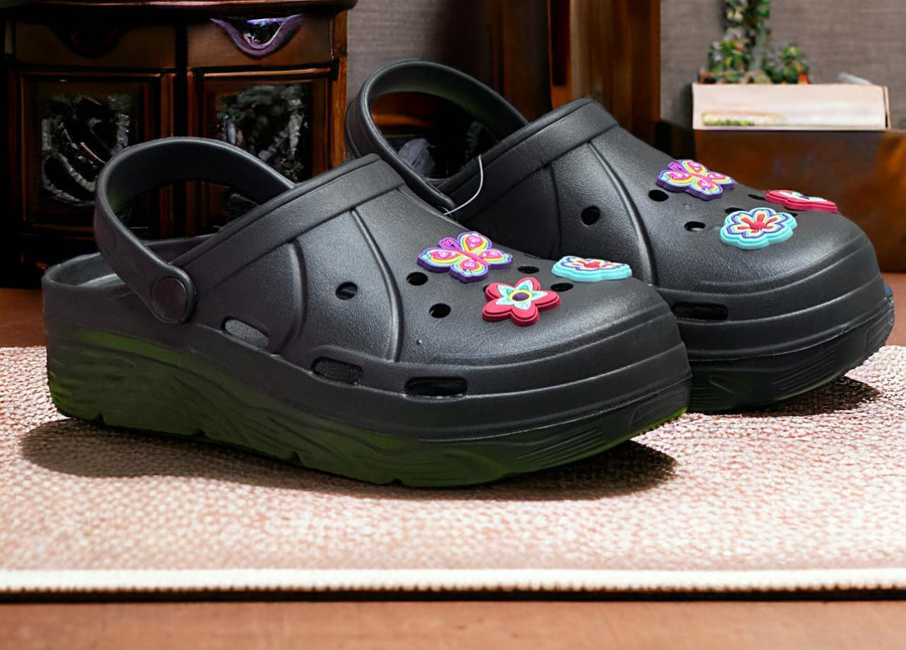 LADIES CLASSIC FASHION CLOGS SLIDE WITH STICKER ACCESSORIES – Various Colours Available