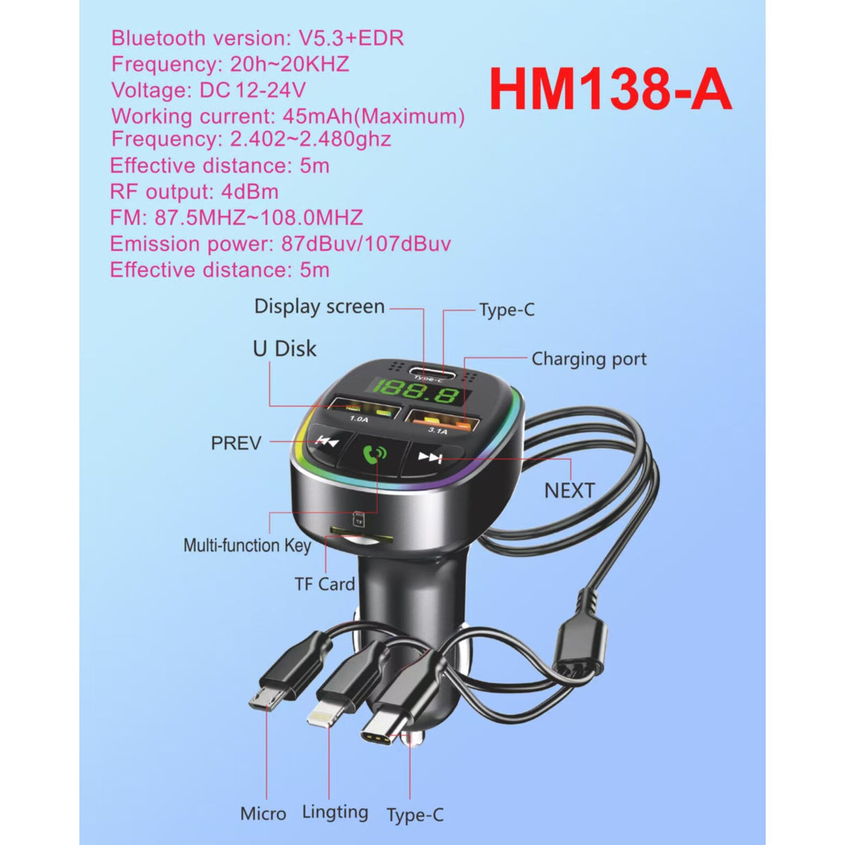 Car Charger & Bluetooth FM Transmitter/MP3 Player with a digital LED display