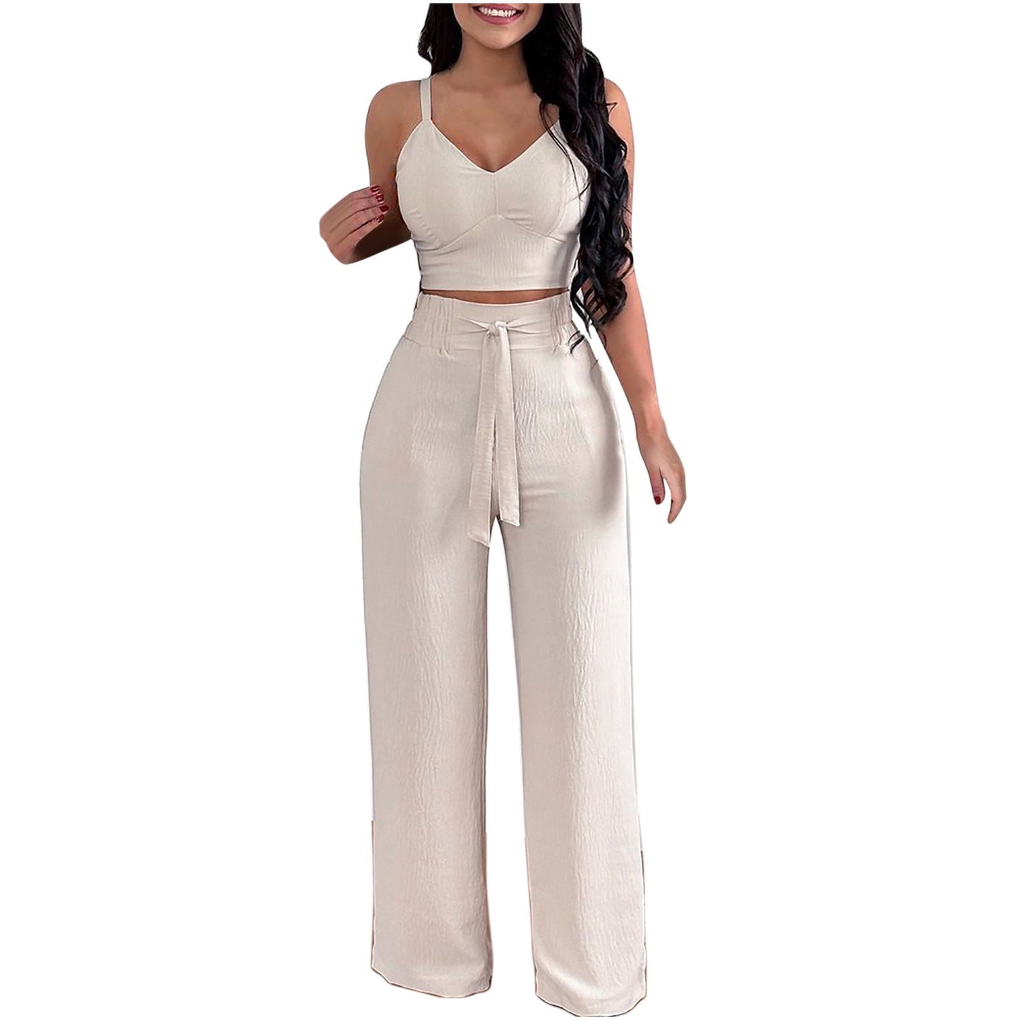 Ladies Summer Dressy Casual Outfits Sleeveless Cami Top And Palazzo Pants Set Trendy Two Piece Outfit-Various Colours