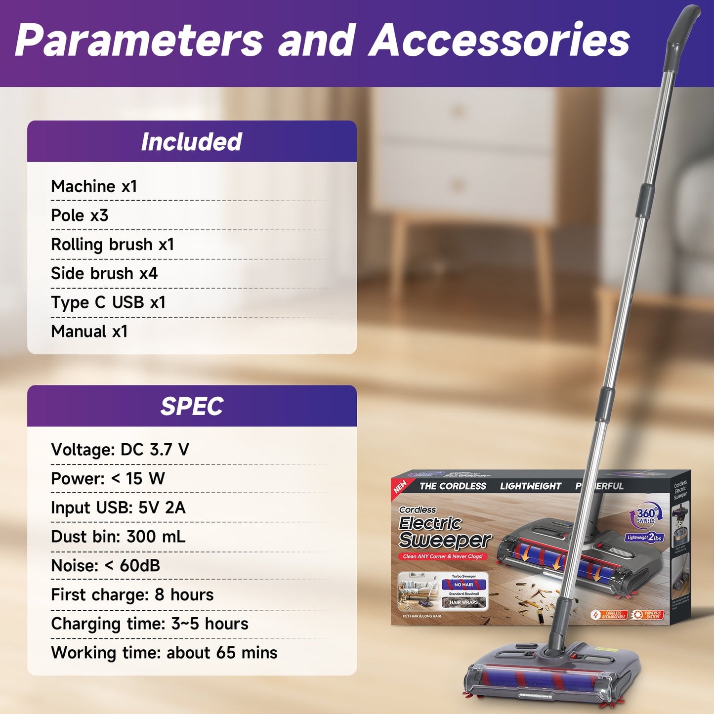 MHOME Cordless Electric Sweeper – 360° Rotating Brush, LED Light, Lightweight Floor & Carpet Cleaner
