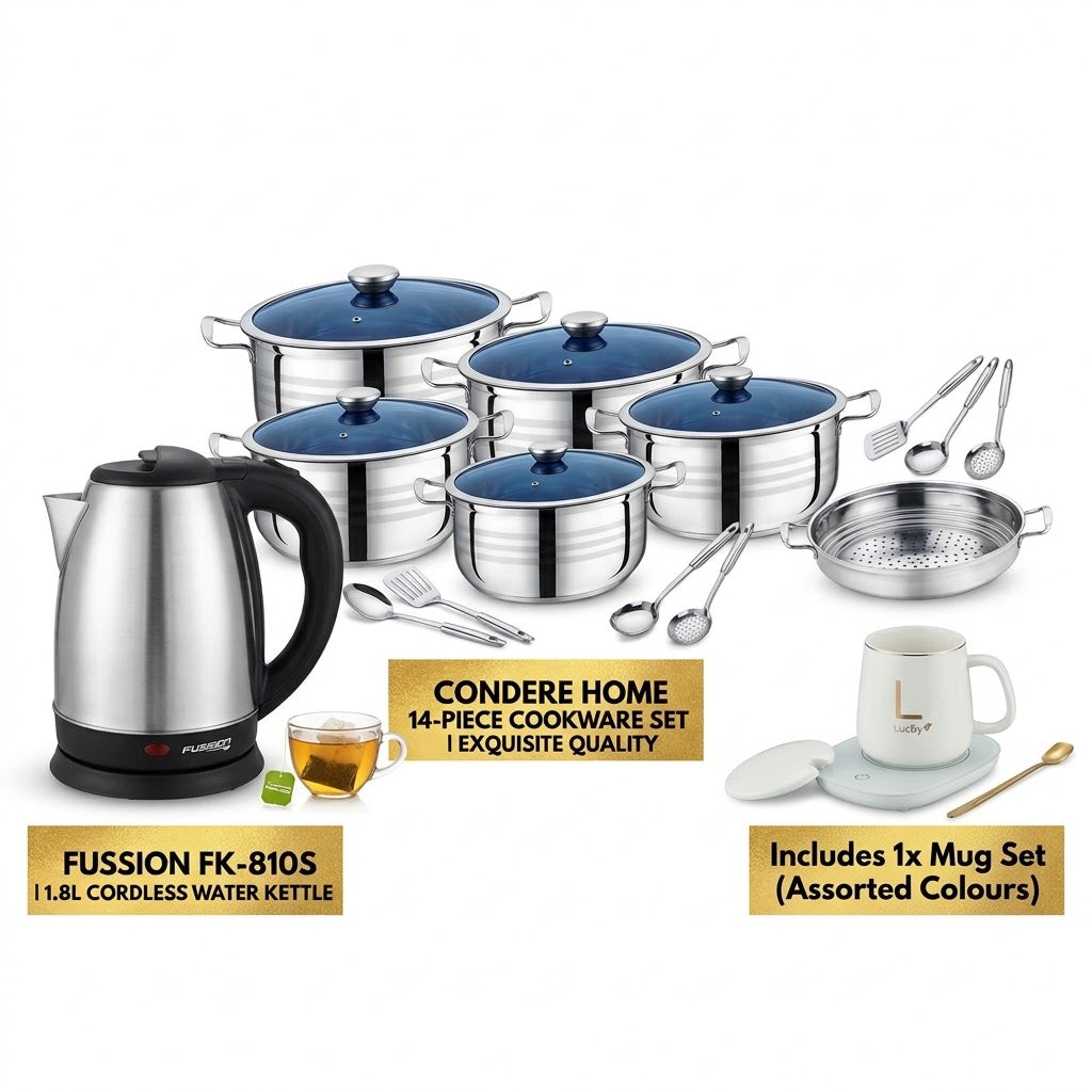 Ultimate Kitchen Essentials Combo (Fussion 1.8L Stainless Steel Kettle + Condere 14-Piece Cookware Set + Smart Ceramic Heating Mug Set)