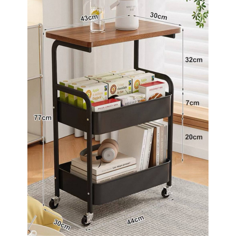MHome 2-Tier Coffee Table Trolley – Rolling Storage Cart with Shelves, Metal Frame & Wood Finish