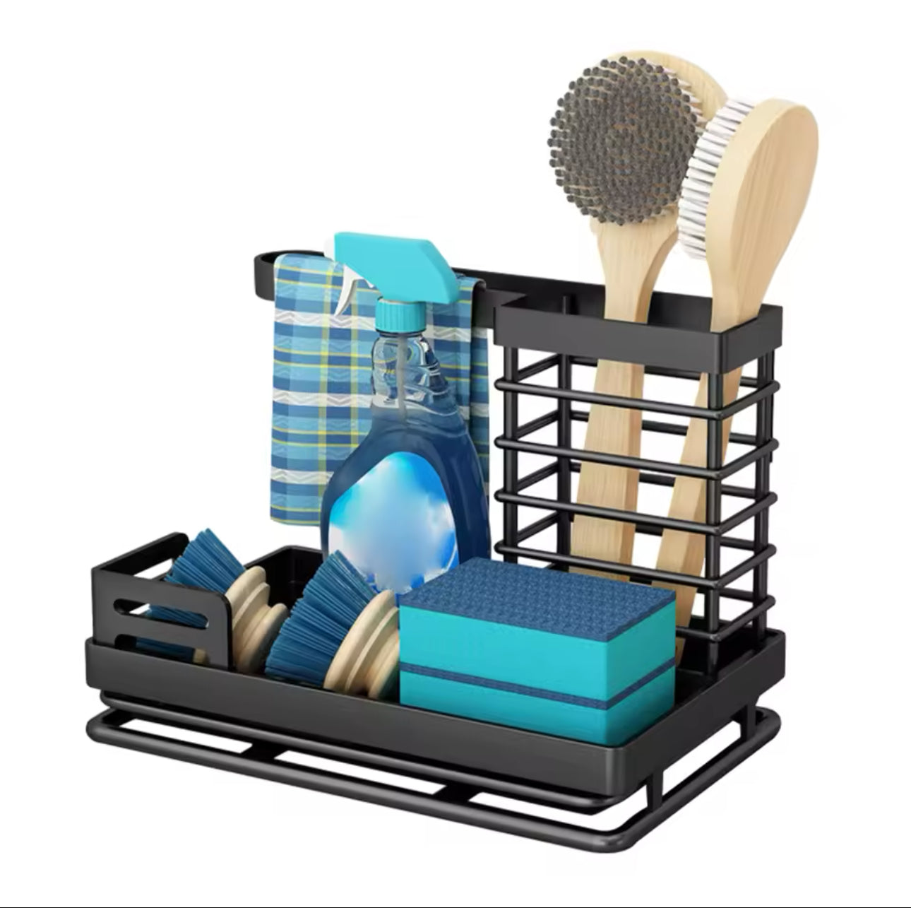 Sink Caddy Organiser,Kitchen Cloth Holder, Stainless Steel Utensils Basket with Drain Pan for Kitchen and Bathroom (Black)