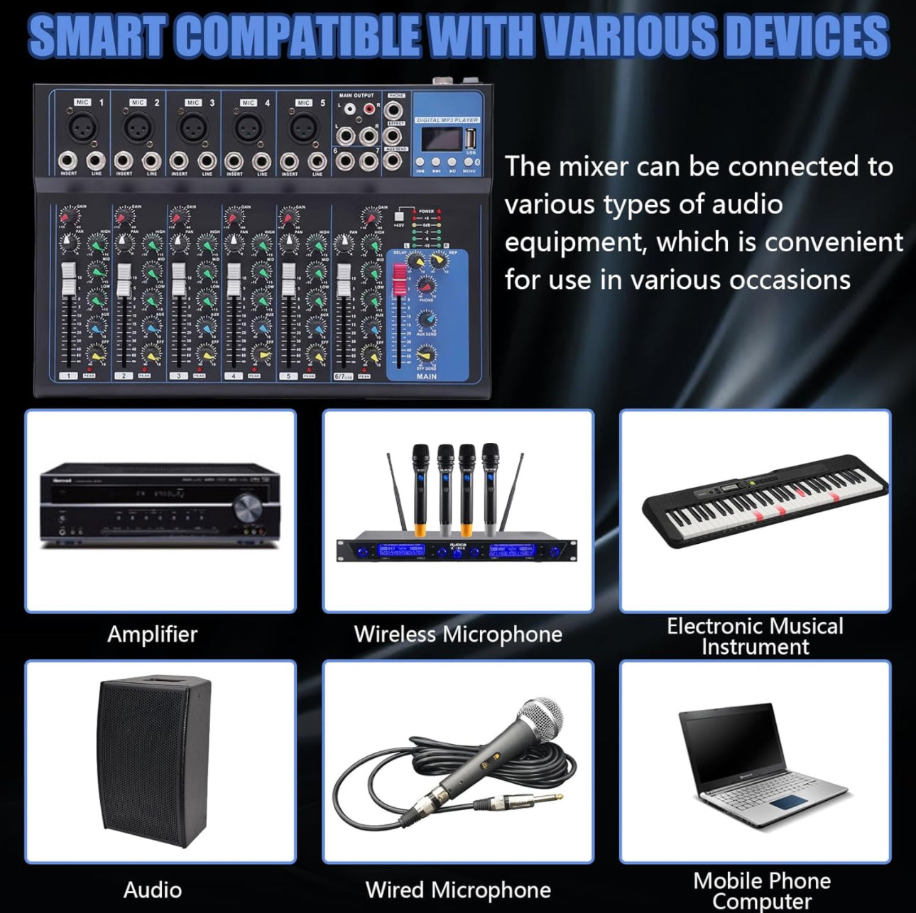 Lexuco 7 Channel Mixer with Bluetooth and USB Mixer