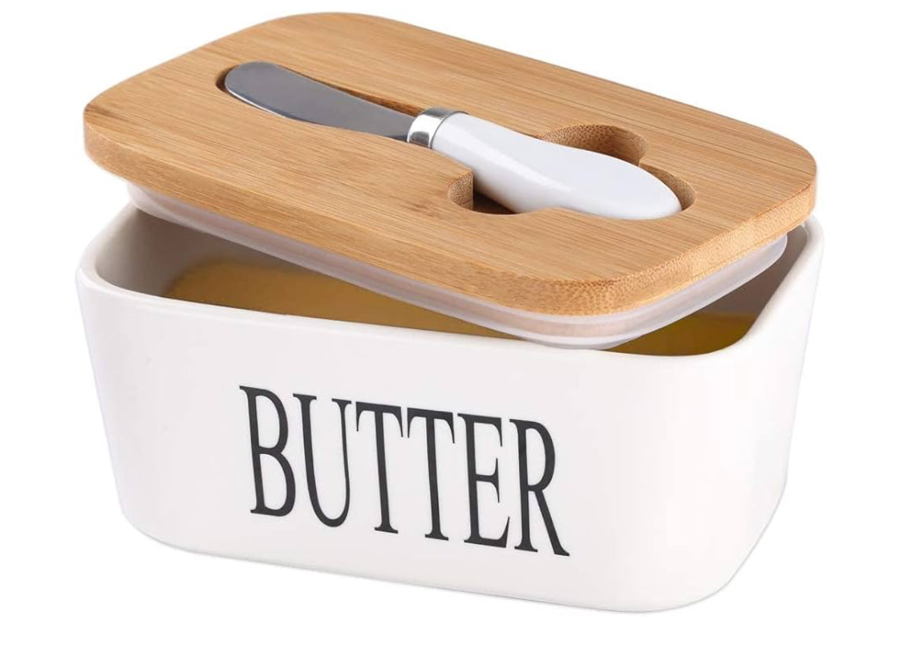 MHome Ceramic Butter Dish With Bamboo Wooden Lid & Butter Knife-Various Colours